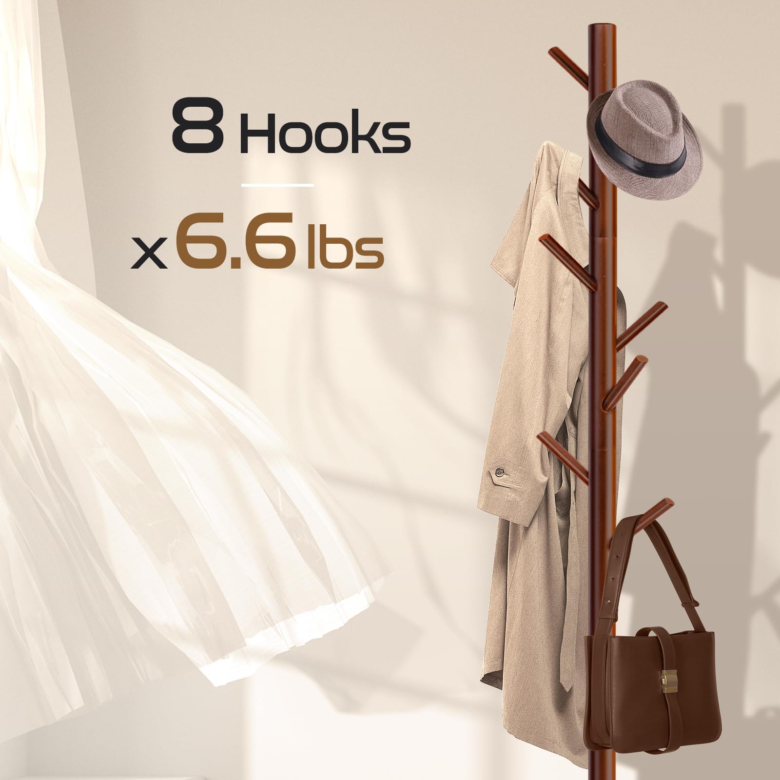 WANGMUXIA High-Grade Wooden Coat Rack, Freestanding Coat Rack with 8 Hooks and 3 Adjustable Size Tree Coat Racks for Bedroom, Hallway, Entrance, Office, for Hats, Coats, Scarves, Handbags