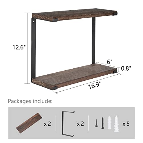 Mkono 2 Tier Wall Shelf Rustic Wall Mounted Floating Shelves Bathroom Wall Decor Wood Hanging Shelf with Metal Brackets Display Storage Shelving for Living Room Bedroom Office