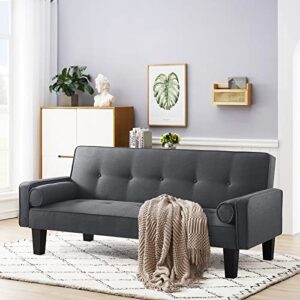 awqm futon sofa bed, upholstered convertible folding sleeper sofa with 2 pillows, modern futon couch for apartment, small loveseat for living room and bedroom, dark grey