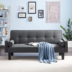 AWQM Futon Sofa Bed, Upholstered Convertible Folding Sleeper Sofa with 2 Pillows, Modern Futon Couch for Apartment, Small Loveseat for Living Room and Bedroom, Dark Grey