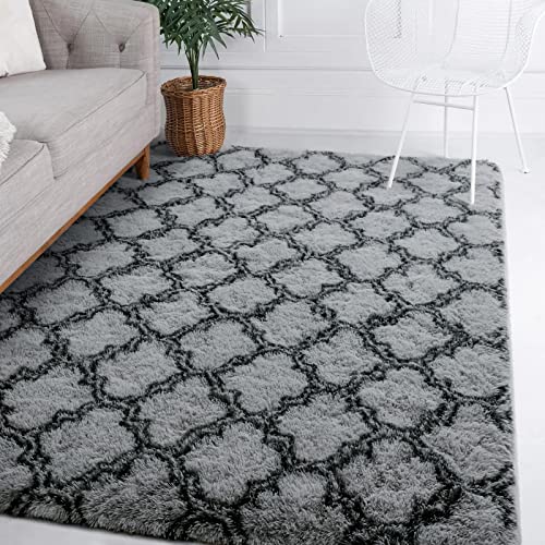 Guucha Fluffy Large Area Rugs, Soft Moroccan Shaggy Carpets, Indoor Modern Plush Area Rugs for Living Room, Bedroom, Kids' Room, Nursery Room, Dark Grey and Black 4x6 Feet