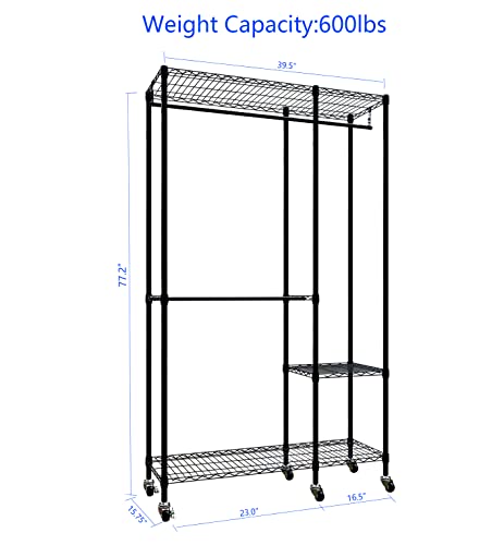 Serxis Portable Closets Heavy Duty Garment Rack Adjustable Rolling Clothes Rack with Lockable Wheels, Metal Wire Clothing Rack,Freestanding Open Wardrobe Closet Storage Rack,Max Load 600LBS, Black