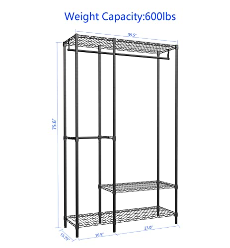 Serxis Heavy Duty Garment Rack for Hanging Clothes,Wire Metal Clothing Rack,Adjustable Portable Clothing Rack,Freestanding Open Wardrobe Organizer Rack,39.5"L x 15.75"W x 75.6"H Max Load 600LBS,Black