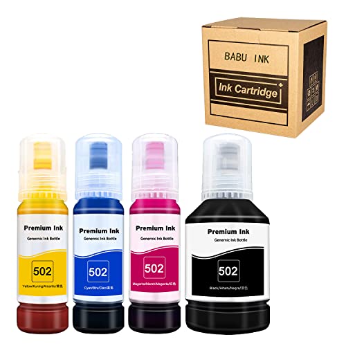 BABU Compatible Ink Bottle Replacement for T502 502 Refill Ink for ET-2700 ET-2750 ET-3760 ET-4760 ET-3700 ET-3760 ET-3750 ET-4750 ET-2760 ET-3850 Printer (Black Cyan Magenta Yellow, 4 Pack)