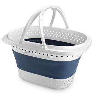 nancyber collapsible plastic laundry basket, 42l large laundry hamper with handles, foldable pop up storage container/organizer, portable clothes hampers/baskets in the dorm & family, white & blue