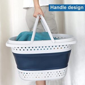 Nancyber Collapsible Plastic Laundry Basket, 42L Large Laundry Hamper with Handles, Foldable Pop Up Storage Container/Organizer, Portable Clothes Hampers/Baskets in the Dorm & Family, White & Blue