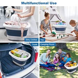 Nancyber Collapsible Plastic Laundry Basket, 42L Large Laundry Hamper with Handles, Foldable Pop Up Storage Container/Organizer, Portable Clothes Hampers/Baskets in the Dorm & Family, White & Blue