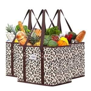 mvscocean reusable grocery bags, shopping cart bag,heavy duty,hard bottom foldable trunk organizer,set of 3 (leopard)