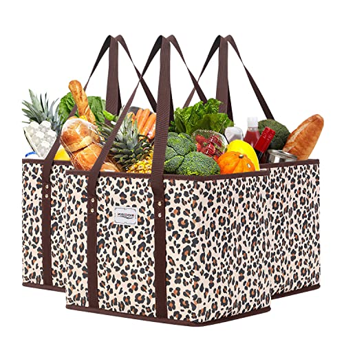 MVSCOCEAN Reusable Grocery Bags, Shopping Cart Bag,Heavy Duty,Hard Bottom Foldable Trunk Organizer,Set of 3 (Leopard)