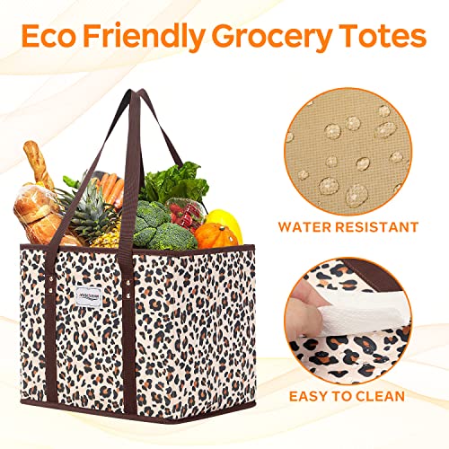 MVSCOCEAN Reusable Grocery Bags, Shopping Cart Bag,Heavy Duty,Hard Bottom Foldable Trunk Organizer,Set of 3 (Leopard)