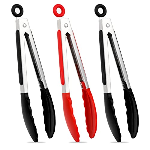 HAOBAOBEI Small Kitchen Tongs for Cooking with Silicone Tips, 7 Inch Non Stick High Heat Resistant Silicone Food Tongs for Air Fryer Dinner Baking BBQ Grilling Christmas Party (3 Pcs, 2 Black+1 Red)