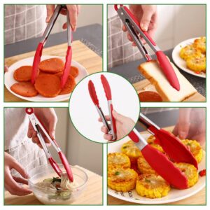 HAOBAOBEI Small Kitchen Tongs for Cooking with Silicone Tips, 7 Inch Non Stick High Heat Resistant Silicone Food Tongs for Air Fryer Dinner Baking BBQ Grilling Christmas Party (3 Pcs, 2 Black+1 Red)
