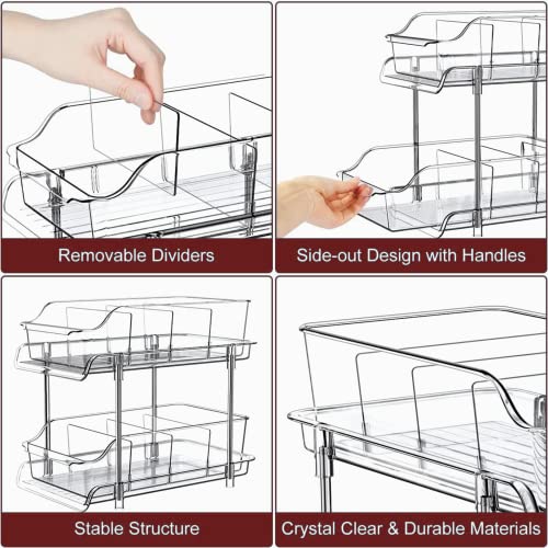 DYFAIS 2 Tier Clear Organizer with Dividers, Multi-Purpose Slide-Out Storage Container, Kitchen Pantry Medicine Cabniet Bins, Bathroom Vanity Counter Organizing Tray, Under Sink Closet Organization