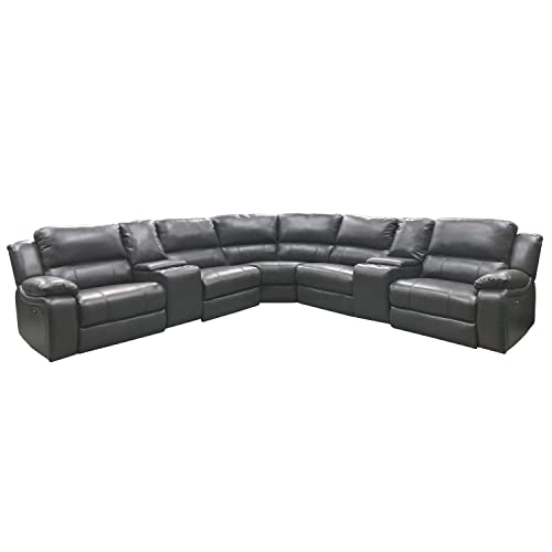 AC Pacific Brady 7 Piece Sectional Power Reclining Sofa | Faux Leather Couch with Storage Consoles, Cup Holders & USB Ports, Grey