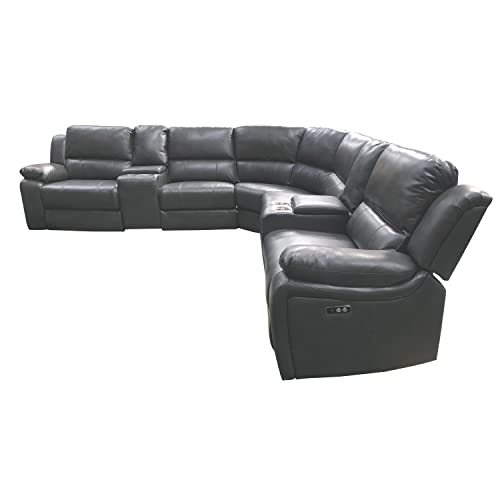 AC Pacific Brady 7 Piece Sectional Power Reclining Sofa | Faux Leather Couch with Storage Consoles, Cup Holders & USB Ports, Grey