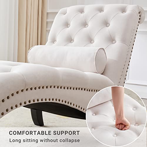 Iroomy Button-Tufted Chaise Lounge Indoor with Solid Wood Legs & Support Pillow, Upholstered Chaise Lounge Chair for Bedroom Living Room Office, Armless Rolled Backrest Leisure Sofa Recliner(Beige)