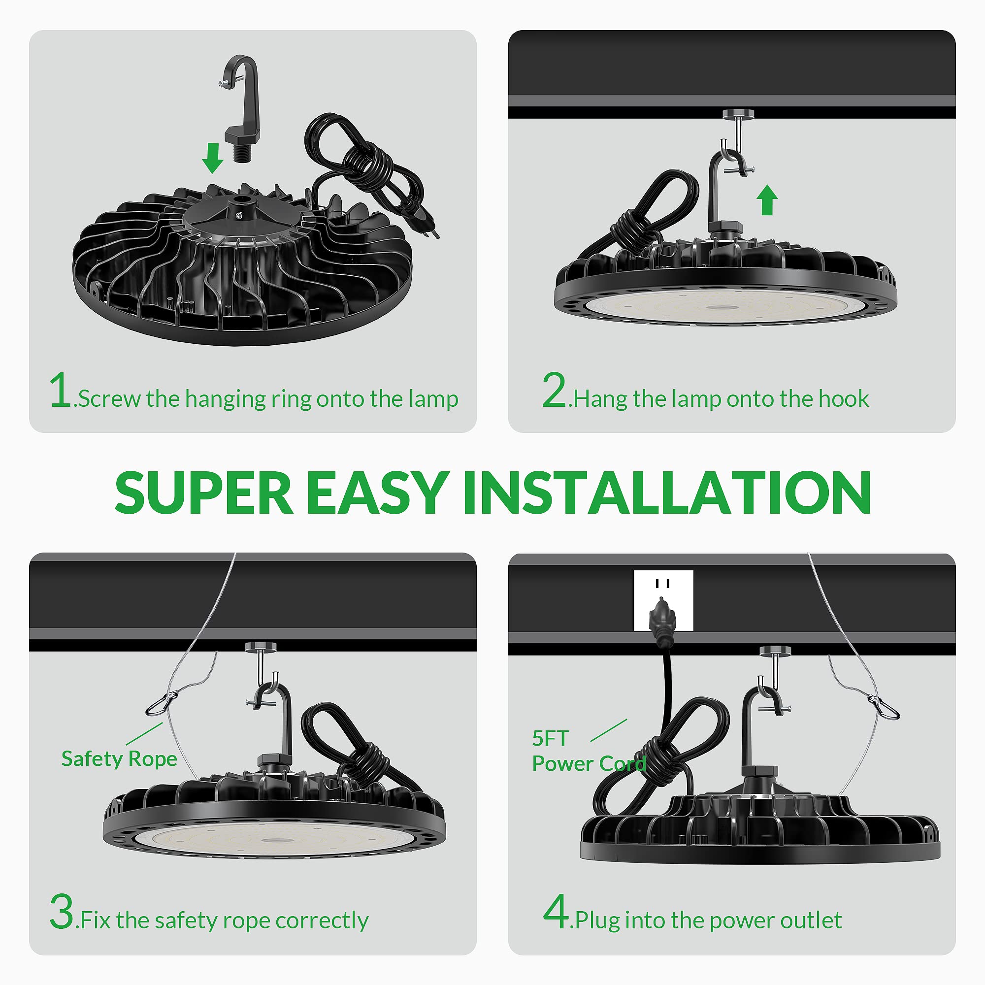 Flakeeper LED High Bay Light 150W 2PCS, 22500 LM with US Plug 5ft Cable (150LM/W), 5000K Daylight, Waterproof, UFO Commercial Industrial Warehouse Workshop Factory Barn Garage Area Lighting Fixture