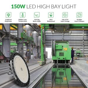 Flakeeper LED High Bay Light 150W 2PCS, 22500 LM with US Plug 5ft Cable (150LM/W), 5000K Daylight, Waterproof, UFO Commercial Industrial Warehouse Workshop Factory Barn Garage Area Lighting Fixture