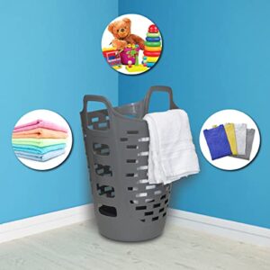 Clorox Flexible Laundry Basket - Tall Plastic Hamper for Clothes, Bedroom, and Storage - Portable Round Bin with Carry Handles, 2 Bushel, Grey