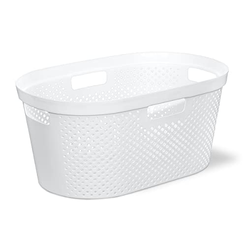 Clorox Laundry Basket Plastic - Portable Clothes Hamper with Handles - Short Storage Bin for Bedroom and Baby Nursery, 1 Bushel, White