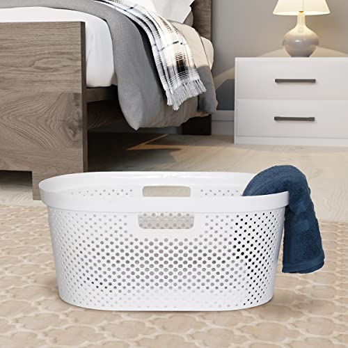 Clorox Laundry Basket Plastic - Portable Clothes Hamper with Handles - Short Storage Bin for Bedroom and Baby Nursery, 1 Bushel, White
