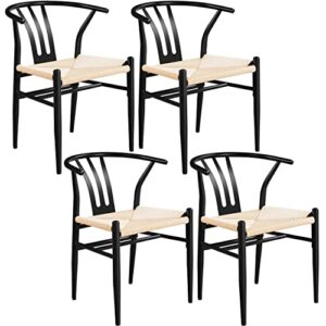 yaheetech 4pcs weave dining chair weave chair mid-century modern metal rattan chair black dining chair armchairs hemp seat chair accent chair for kitchen, dining, living room side chairs, black