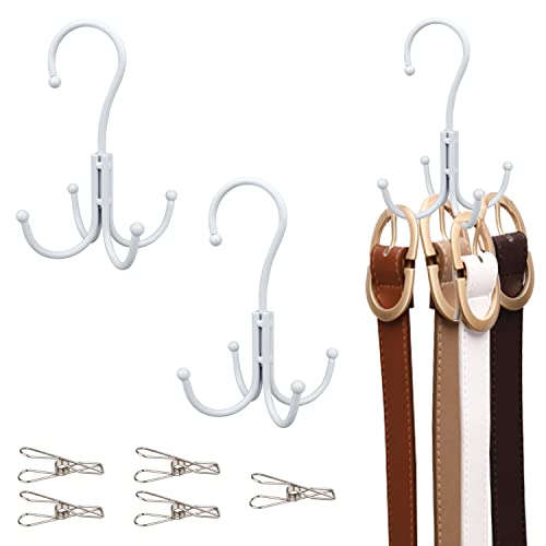 2 Pack Belt Hanger Scarf Tie Rack, Yimerlen 6.1 in Belt Hat Holder, 4 Claws Large Size Organizer Hanger for Clothes, Coats, Shoes, Bags, Purse (Give 5 Stainless Steel Clips) White