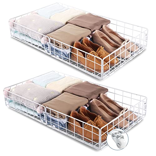 Queen Size Under Bed Storage Cart with Wheels, 30.5*17.7*6.5in Large Capacity Under-bed Shoe Storage Organizer, Rolling Under Bed Drawers for Clothes, Shoes, Bedding, Blankets, White(2 Pack)