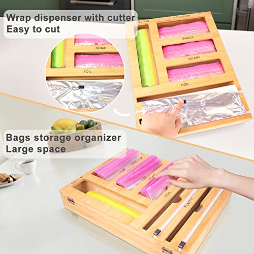A+Westeros Ziplock Bag Storage Organizer,6-1 Wrap Dispenser with Cutter,Compatible with Gallon, Quart,Sandwich & Snack Bag, Foil and Plastic Wrap Organizer,Baggie Organizer for Drawer