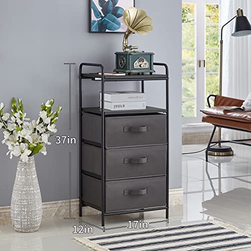 OLD CAPTAIN 3 Drawer Fabric Dresser with Charging Socket Tall Nightstand for Bedroom,Black+Dark Grey