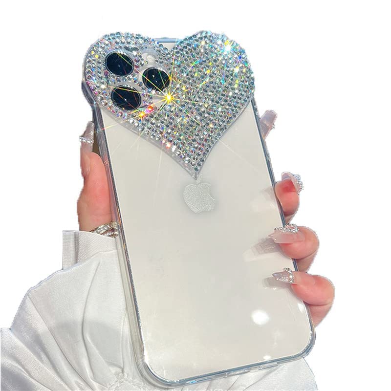 Clear Glitter Case Compatible with iPhone 14 Pro Max, 3D Heart Design Phone Cover with Girly Bling Diamond Rhinestone Sparkle Loving Hearts Slim Fit Soft Shockproof Protective Case for Women Girls