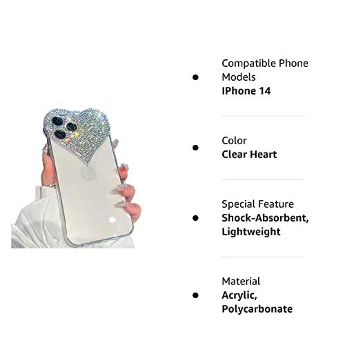 Clear Glitter Case Compatible with iPhone 14 Pro Max, 3D Heart Design Phone Cover with Girly Bling Diamond Rhinestone Sparkle Loving Hearts Slim Fit Soft Shockproof Protective Case for Women Girls