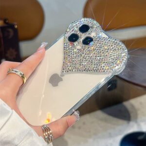 Clear Glitter Case Compatible with iPhone 14 Pro Max, 3D Heart Design Phone Cover with Girly Bling Diamond Rhinestone Sparkle Loving Hearts Slim Fit Soft Shockproof Protective Case for Women Girls