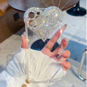 Clear Glitter Case Compatible with iPhone 14 Pro Max, 3D Heart Design Phone Cover with Girly Bling Diamond Rhinestone Sparkle Loving Hearts Slim Fit Soft Shockproof Protective Case for Women Girls