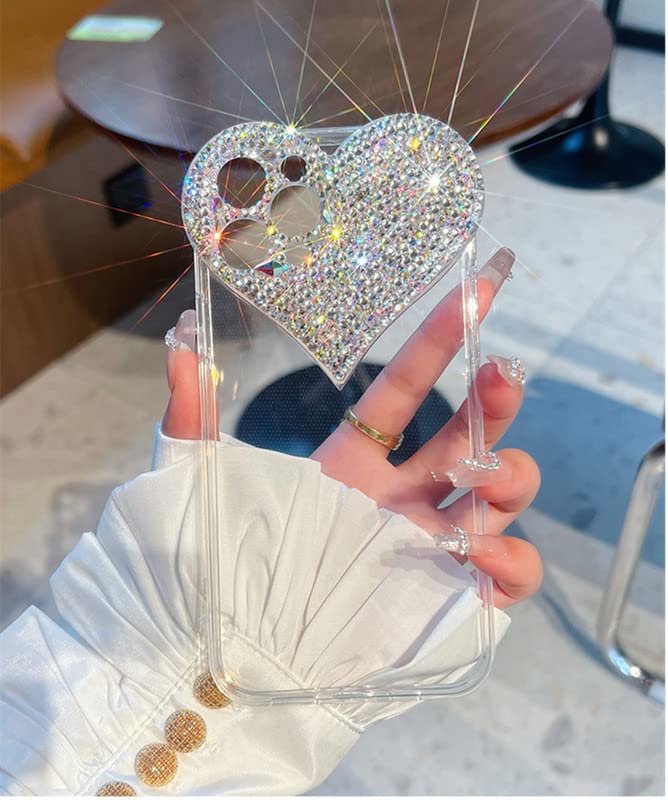 Clear Glitter Case Compatible with iPhone 14 Pro Max, 3D Heart Design Phone Cover with Girly Bling Diamond Rhinestone Sparkle Loving Hearts Slim Fit Soft Shockproof Protective Case for Women Girls