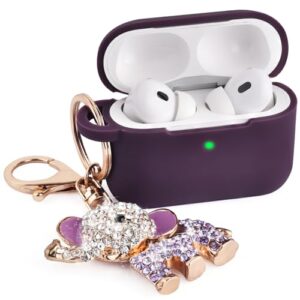 mofree for airpods pro 2 case 2022, soft 5 in 1 silicone protective cover for airpods pro 2nd generation case women with bling elephant keychain, wireless charging [front led visible]-purple