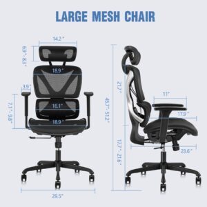 GABRYLLY Ergonomic Office Chair with Lumbar Support, Big and Tall Mesh Chairs with Adjustable 3D Arms, Headrest & Soft Seat, Large Desk Chair for Home Gaming,Black