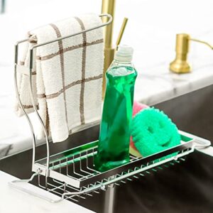tidydoes telescopic sink sponge holder – stainless steel expandable sink caddy – kitchen caddy sink organizer – telescopic sink storage rack for soap, sponges – drying rack for kitchen sink