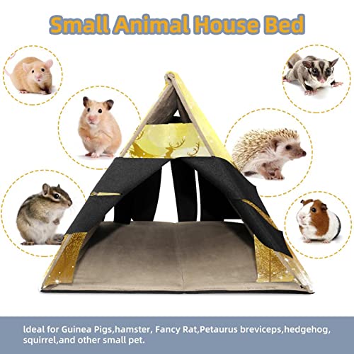 Y-DSIWX Guinea Pig House Bed, Rabbit Large Hideout, Small Animals Nest Hamster Cage Habitats Golden Christmas Santa Claus and Reindeers Flying Across The Moon