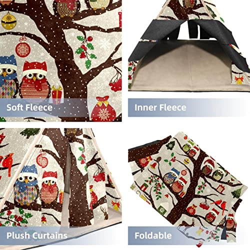 Y-DSIWX Guinea Pig Hideout House Bed, Winter Christmas Hat Owl Bird on Tree Rabbit Cave, Squirrel Chinchilla Hamster Hedgehog Nest Cage