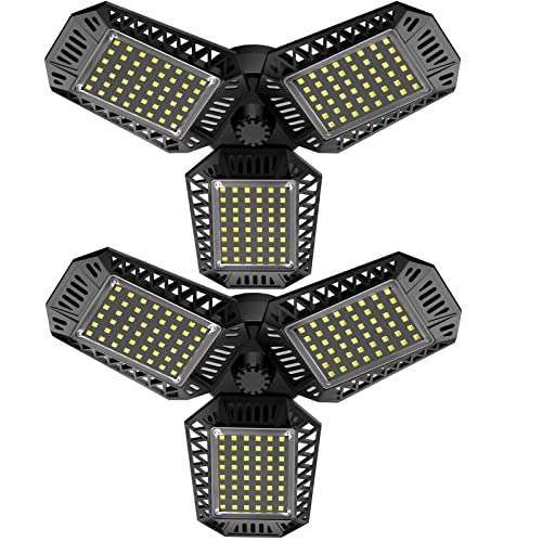 QIYVLOS LED Garage Lights, Garage Lighting 80W 10000 Lumens with Deformable Three Panels Garage Ceiling Light Fixture E26 6000K Daylight Glow LED Shop Light for Basement/Workshop/Warehouse 2 Packs