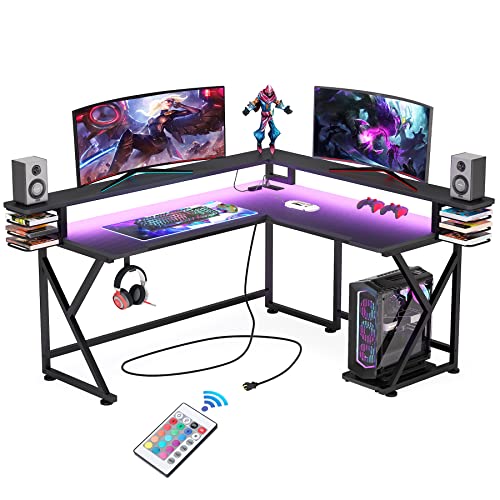 Tribesigns L Shaped Gaming Desk with Led Lights & Power Outlet, Corner Computer Desk with Monitor Stand, PC Stand Shelf, Ergonomic Gaming Table Gamer Desk with USB Port & Hook for Home Office (Black)