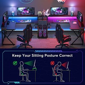 Tribesigns L Shaped Gaming Desk with Led Lights & Power Outlet, Corner Computer Desk with Monitor Stand, PC Stand Shelf, Ergonomic Gaming Table Gamer Desk with USB Port & Hook for Home Office (Black)