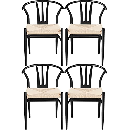 Topeakmart Weave Dining Chair Weave Modern Chair Metal Frame Accent Chair Weave Arm Chairs Set of 4，Black