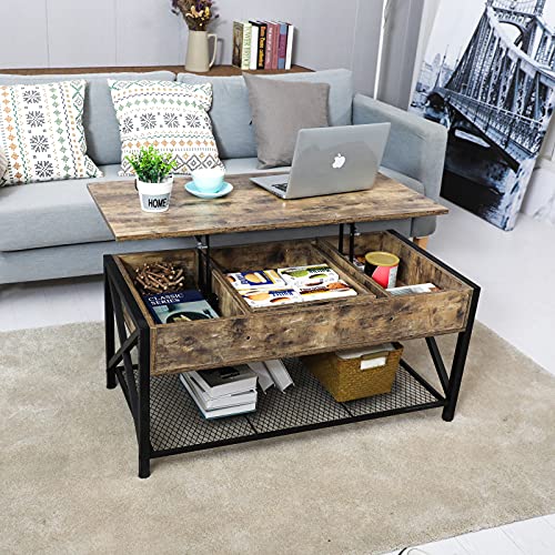 Coffee Table, Lift Top Coffee Table with Storage Shelf and 2 Hidden Compartment + 1 Drawer, Retro Central Table with Wooden Lift Tabletop for Living Room Home Office,Rectangle(Brown)