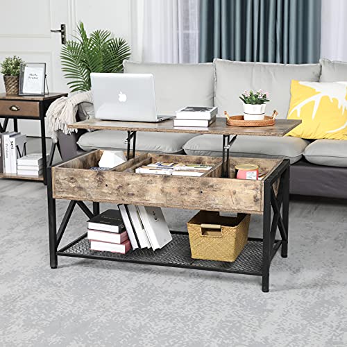 Coffee Table, Lift Top Coffee Table with Storage Shelf and 2 Hidden Compartment + 1 Drawer, Retro Central Table with Wooden Lift Tabletop for Living Room Home Office,Rectangle(Brown)