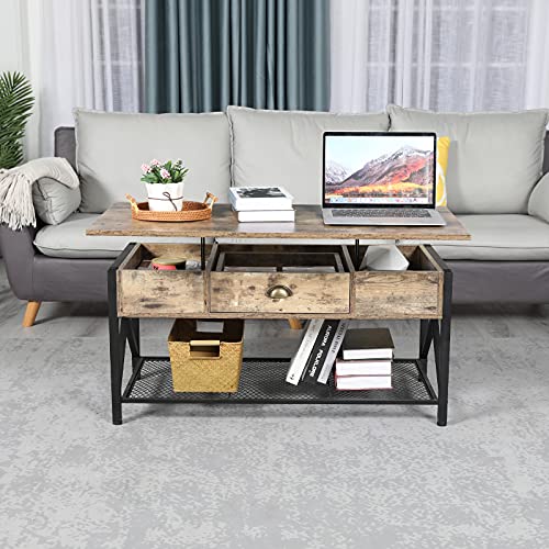 Coffee Table, Lift Top Coffee Table with Storage Shelf and 2 Hidden Compartment + 1 Drawer, Retro Central Table with Wooden Lift Tabletop for Living Room Home Office,Rectangle(Brown)