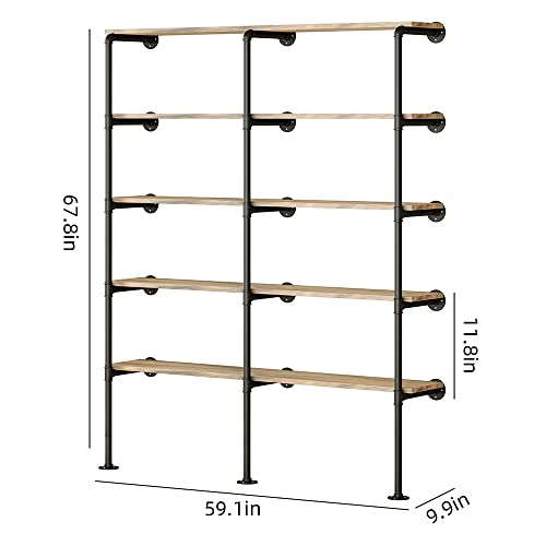 FJANKUI 5 Tier Industrial Rustic Wall Mount Wood Floating Iron Pipe Shelving, DIY Open Wall Display Bookshelf, Black Metal Bracket Storage Wall Shelf for Utility Shelves, Office Shelves, Etc