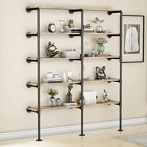 FJANKUI 5 Tier Industrial Rustic Wall Mount Wood Floating Iron Pipe Shelving, DIY Open Wall Display Bookshelf, Black Metal Bracket Storage Wall Shelf for Utility Shelves, Office Shelves, Etc