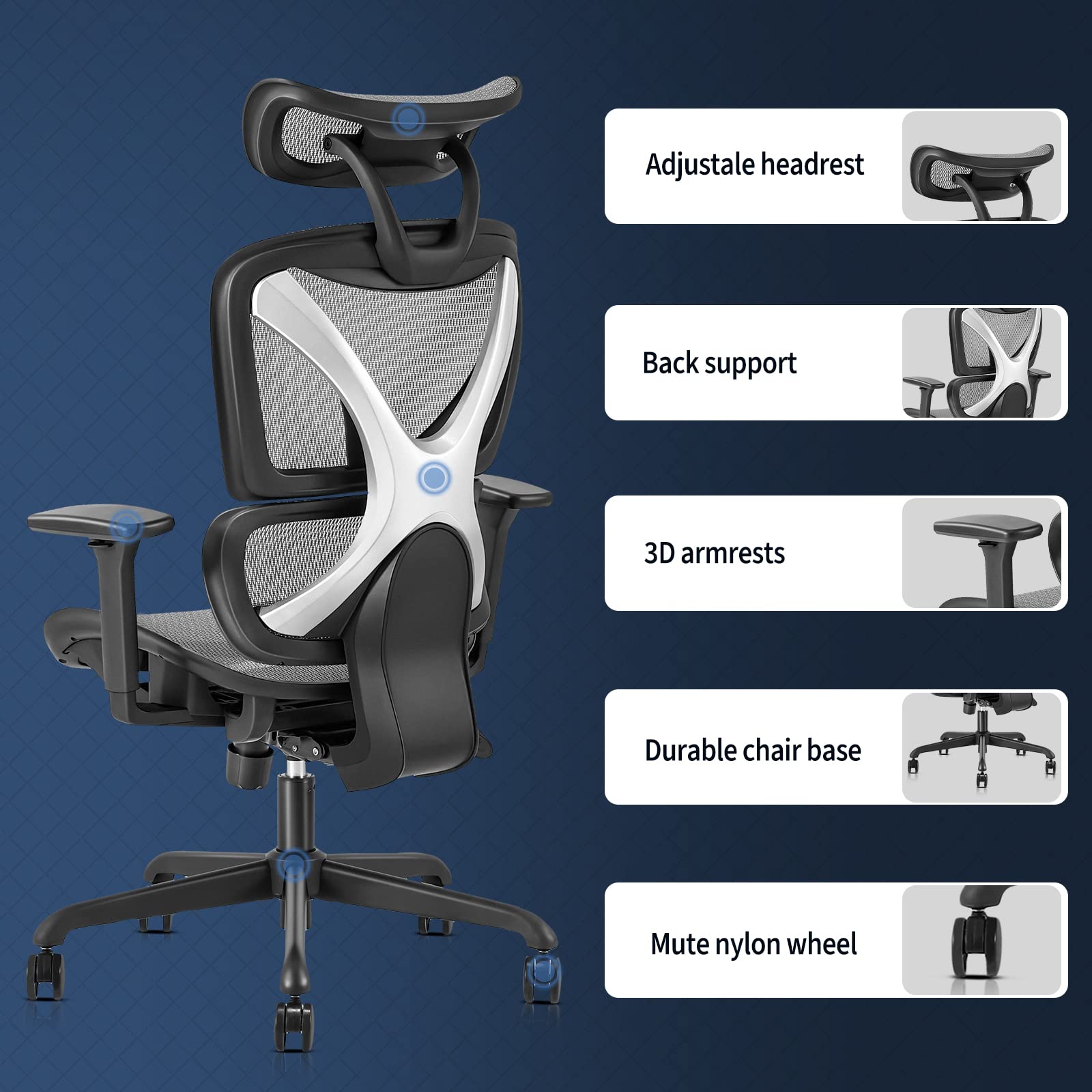 GABRYLLY Office Chair, Large Ergonomic Desk, High Back Computer Chair with Lumbar Support, 3D Armrest, Breathable Mesh, Adjustable Headrest with Tilt Function, Easy Assembly(Grey)